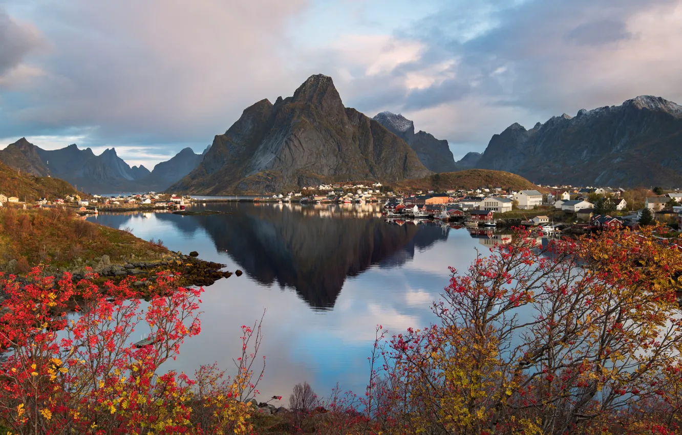 Photo wallpaper sea, landscape, mountains, nature, reflection, coast, home, village