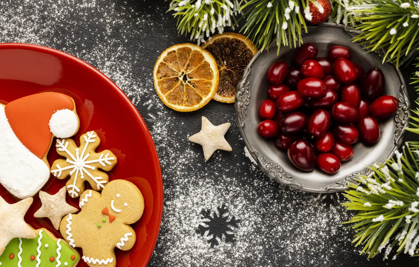 Photo wallpaper berries, new year, cookies, Christmas, Christmas, wood, New Year, fruits