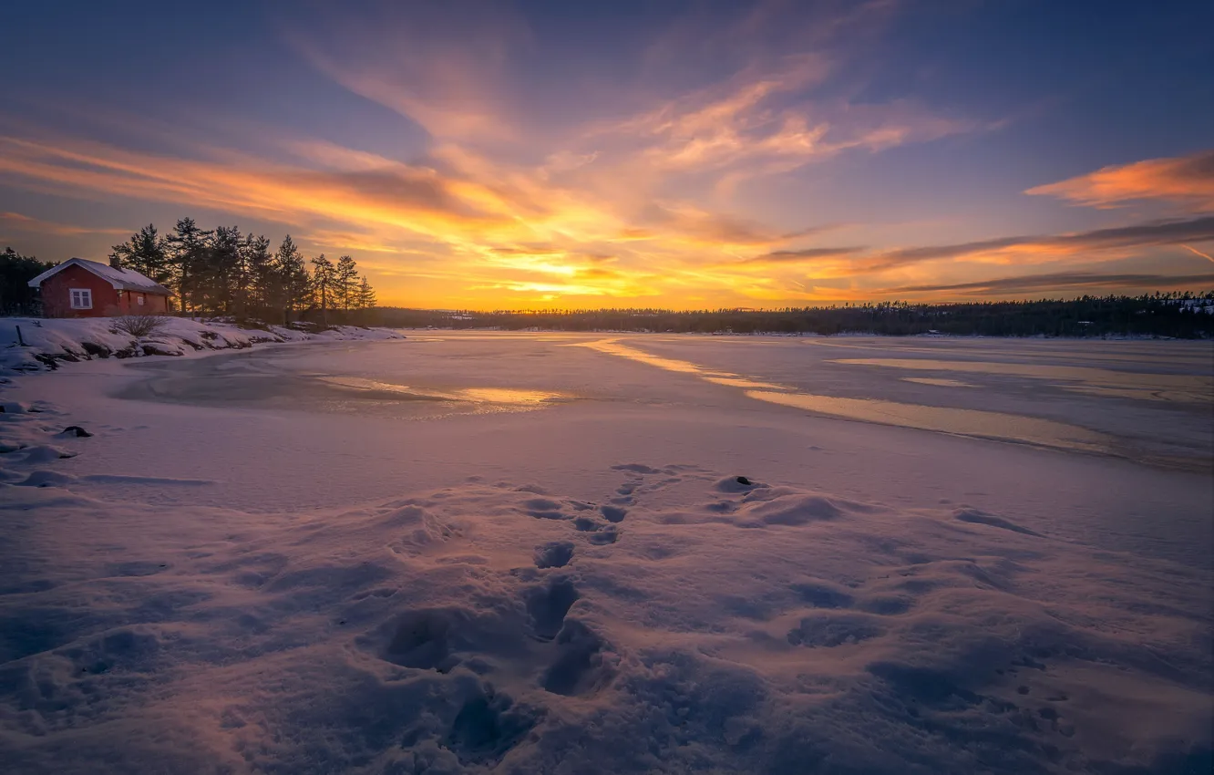Photo wallpaper ice, winter, snow, sunset, traces, lake, Norway, house