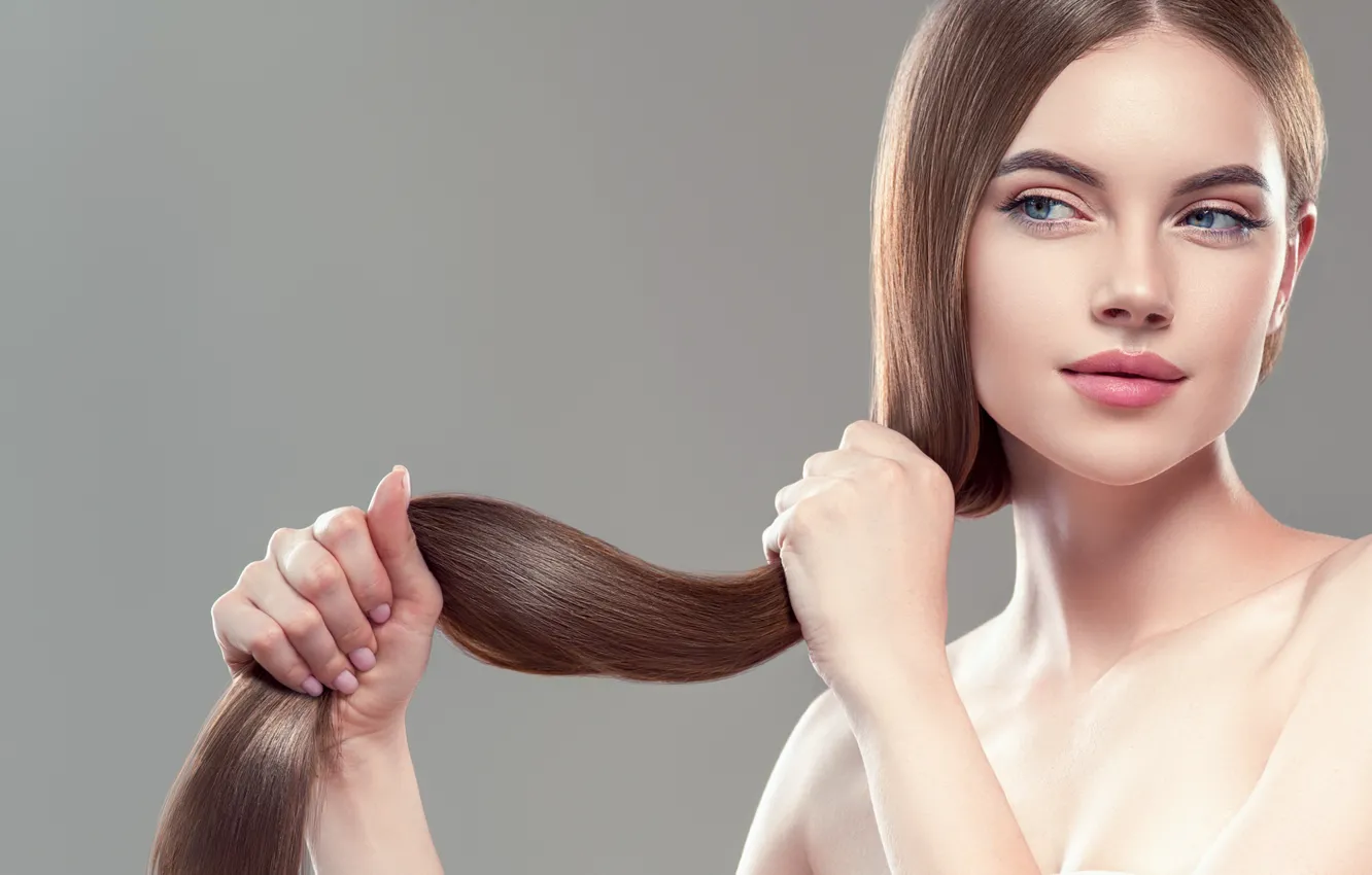 Photo wallpaper look, girl, model, hair, portrait, hands, makeup, brown hair