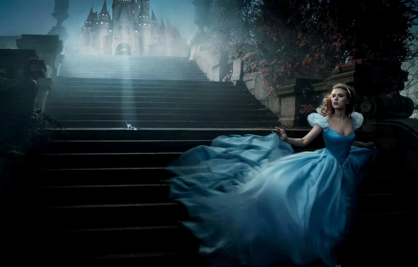 Photo wallpaper castle, Cinderella, Scarlett Johansson, the stairs, outfit