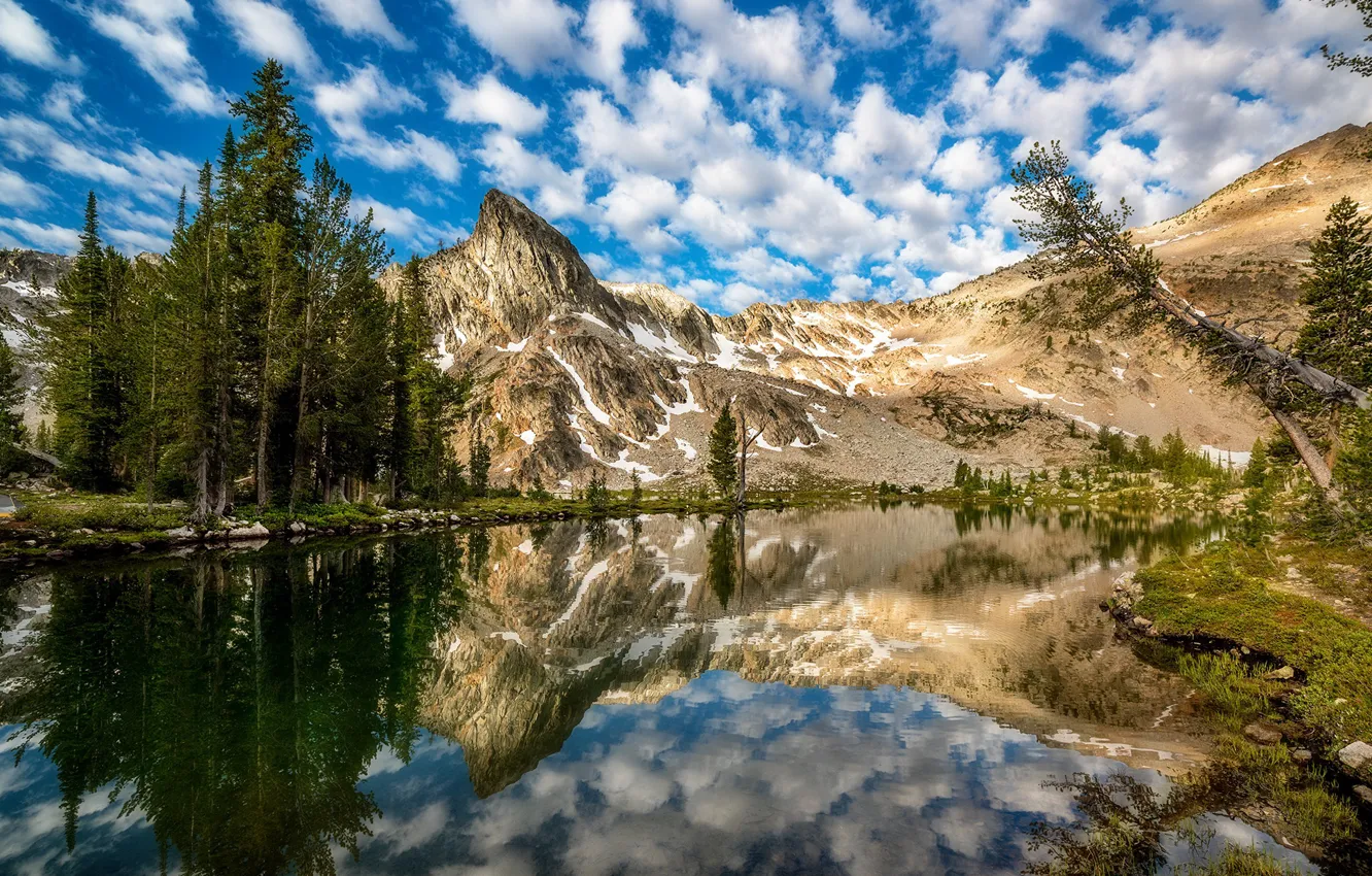 Photo wallpaper clouds, morning, reflection, Twin Lake