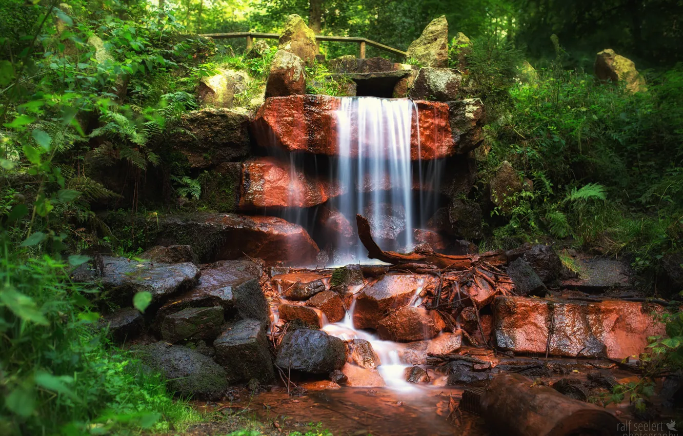Photo wallpaper greens, water, stones, waterfall
