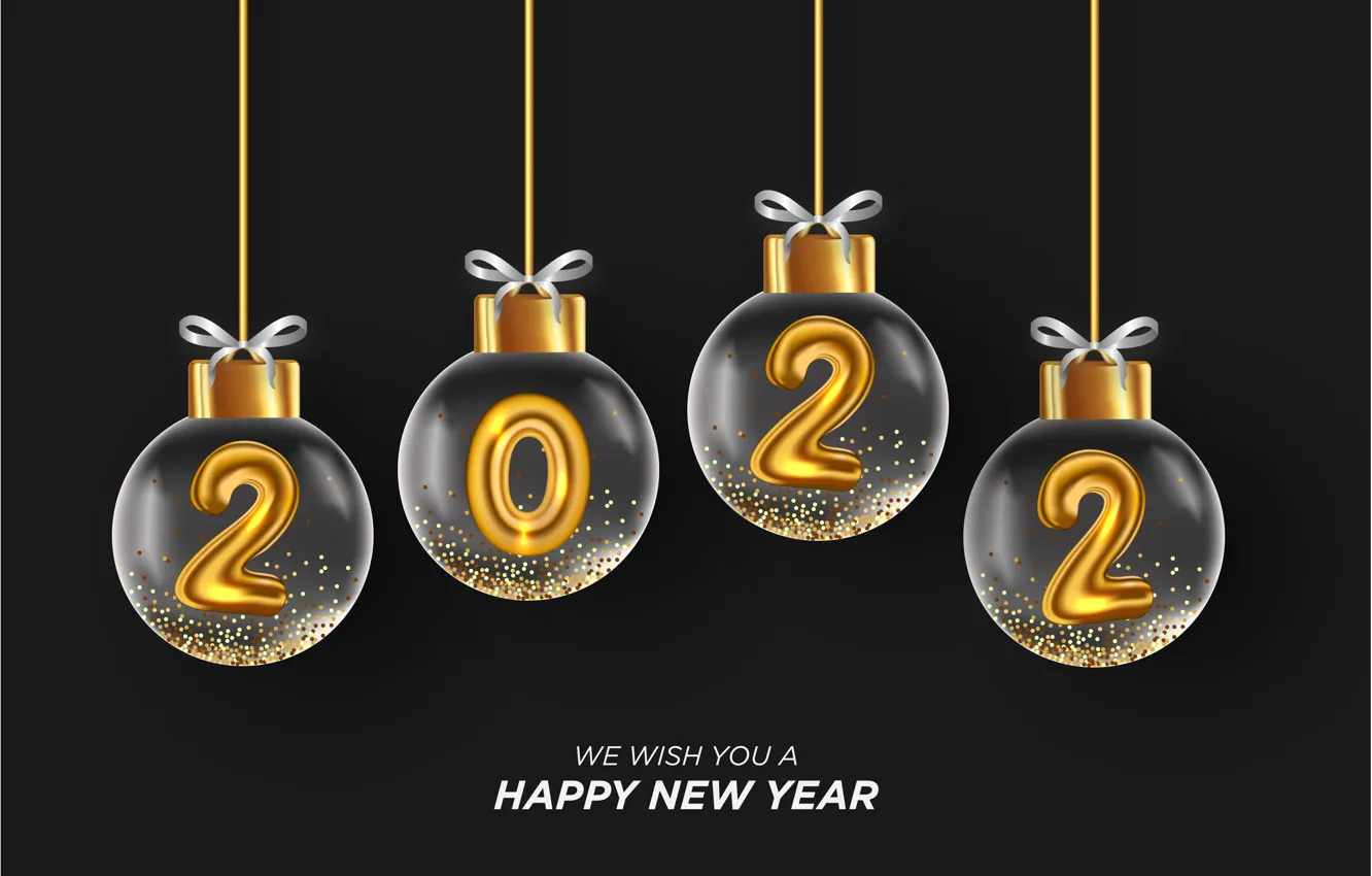 Photo wallpaper gold, balls, figures, New year, glass, golden, black background, new year