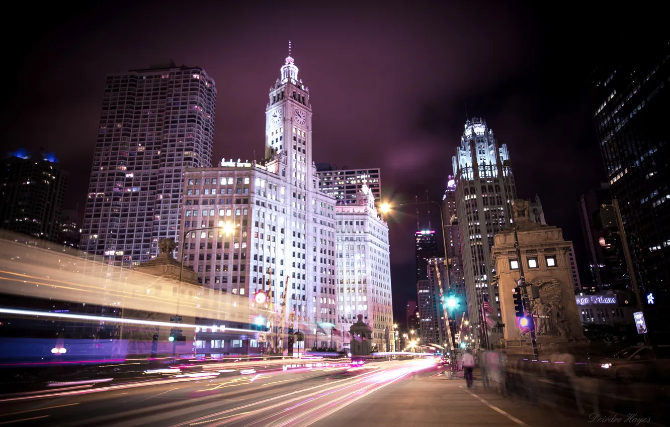 Photo wallpaper night, the city, lights, skyscrapers, Chicago, Illinois, Michigan
