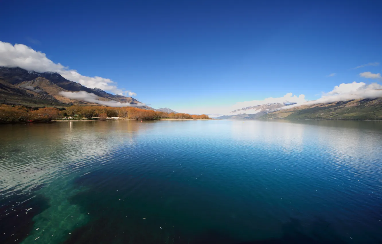Photo wallpaper autumn, clouds, trees, mountains, lake