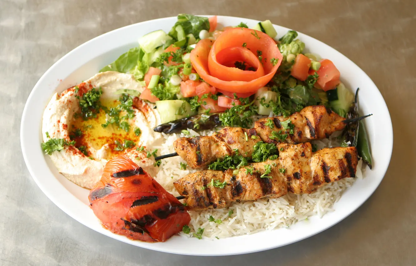 Photo wallpaper greens, fish, figure, tomatoes, fish, rice, skewers, yogurt