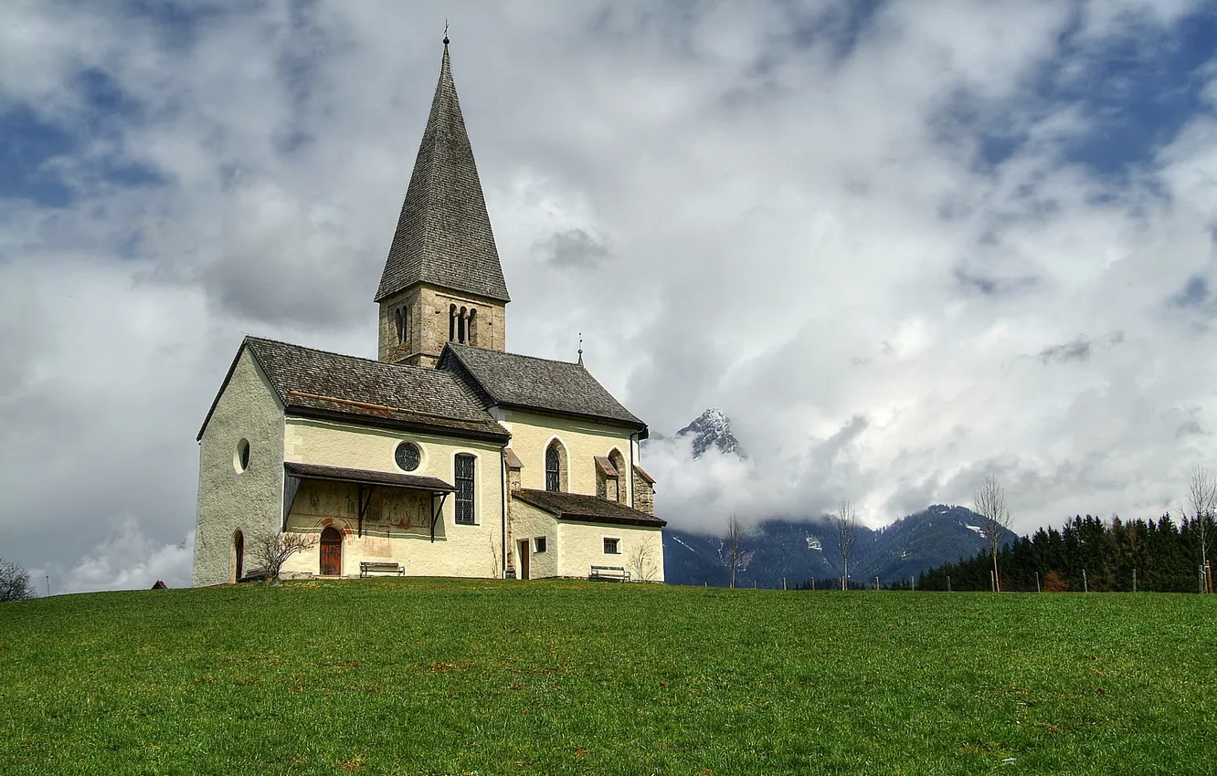 Photo wallpaper forest, clouds, mountains, glade, the old Church