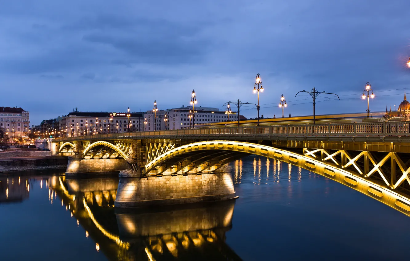 Photo wallpaper the sky, light, blue, clouds, the city, lights, reflection, river