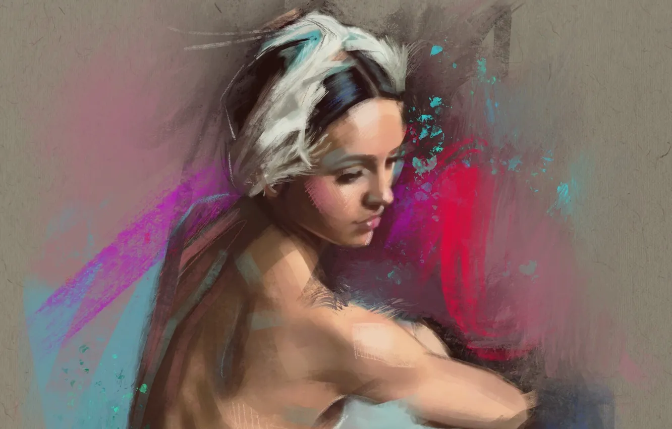 Photo wallpaper strokes, grey background, ballerina, in profile, headdress, portrait of a girl, ballerina, sideways