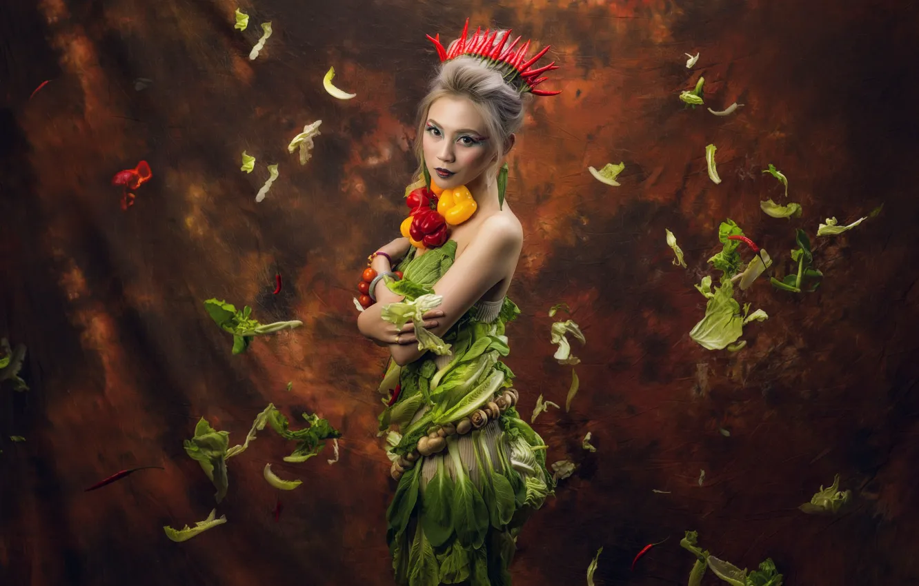 Photo wallpaper look, leaves, girl, style, background, mushrooms, crown, makeup