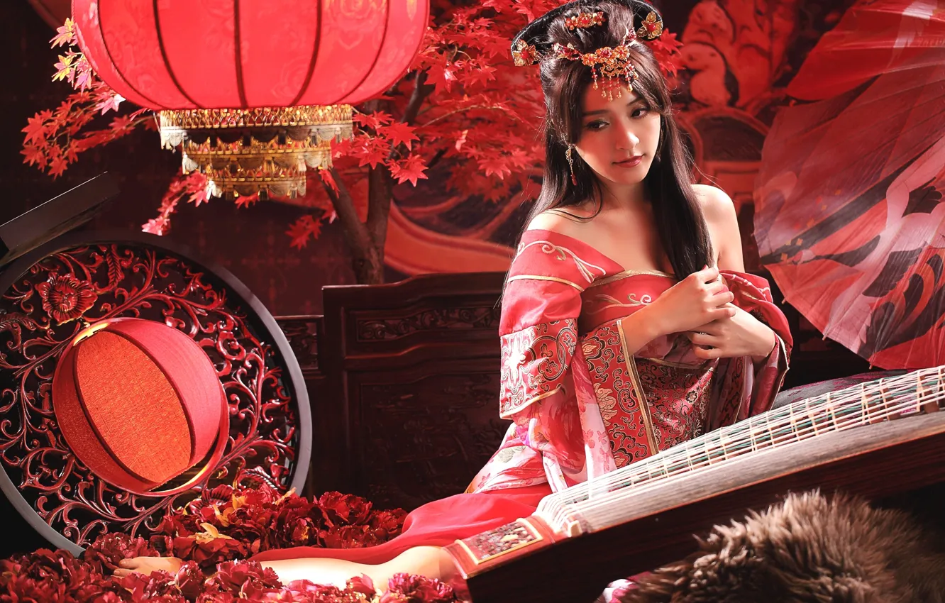 Photo wallpaper girl, decoration, hairstyle, costume, Asian, lanterns, Chinese, national
