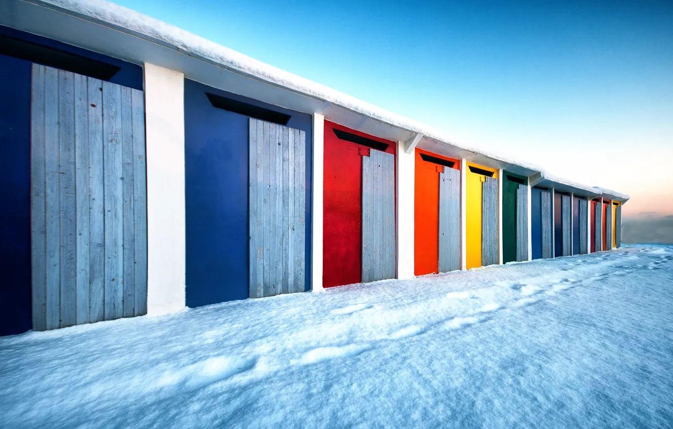 Photo wallpaper snow, Board, door, concrete, colorful