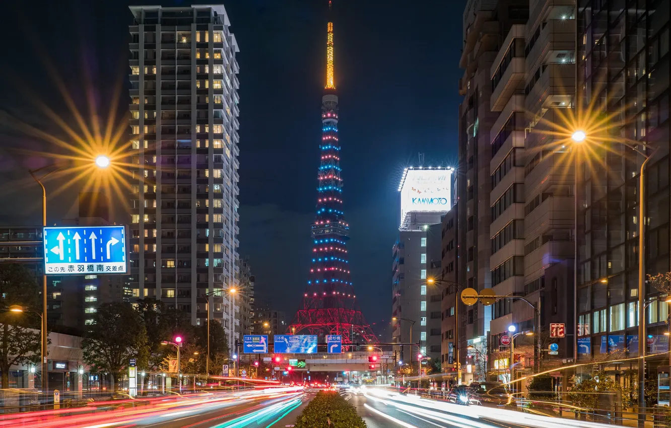 Photo wallpaper the city, lights, movement, building, tower, home, night