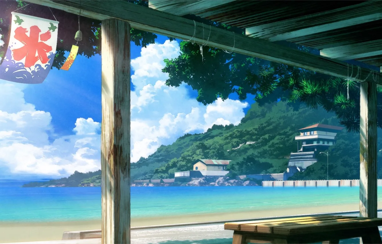 Photo wallpaper sea, beach, the sky, clouds, shore, home, Japan, canopy