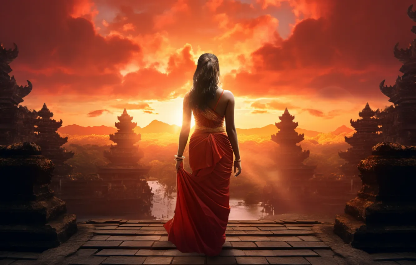 Photo wallpaper girl, sunset, nature, AI art, neural network