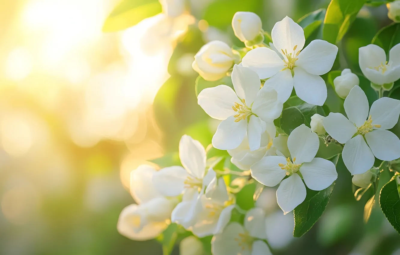 Photo wallpaper leaves, the sun, rays, light, flowers, branches, spring, white