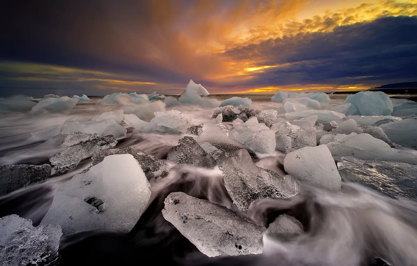 Photo wallpaper ice, glow, shore, Iceland, clouds