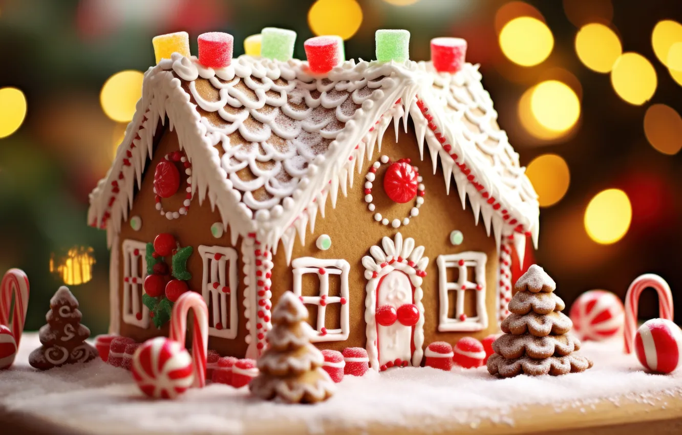 Photo wallpaper pattern, new year, cookies, Christmas, house, dessert, sweet, glaze