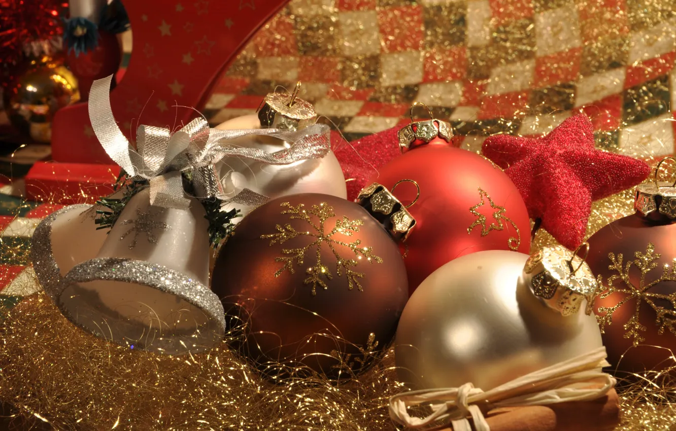 Photo wallpaper balls, holiday, balls, Christmas, New year, tinsel, bell, Christmas decorations