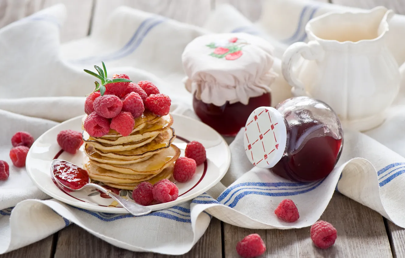 Photo wallpaper berries, raspberry, food, spoon, pancakes, jam, jam, pancakes