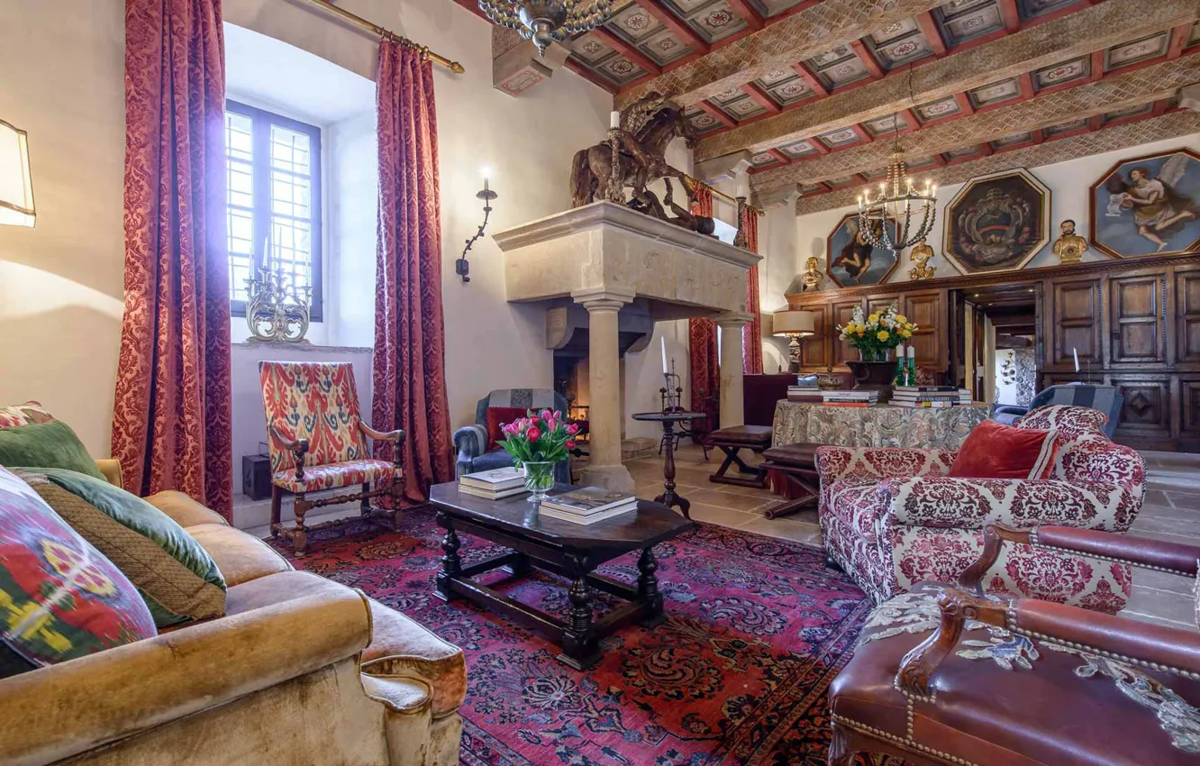 Photo wallpaper design, style, castle, interior, Italy, fireplace, living room, Perugia