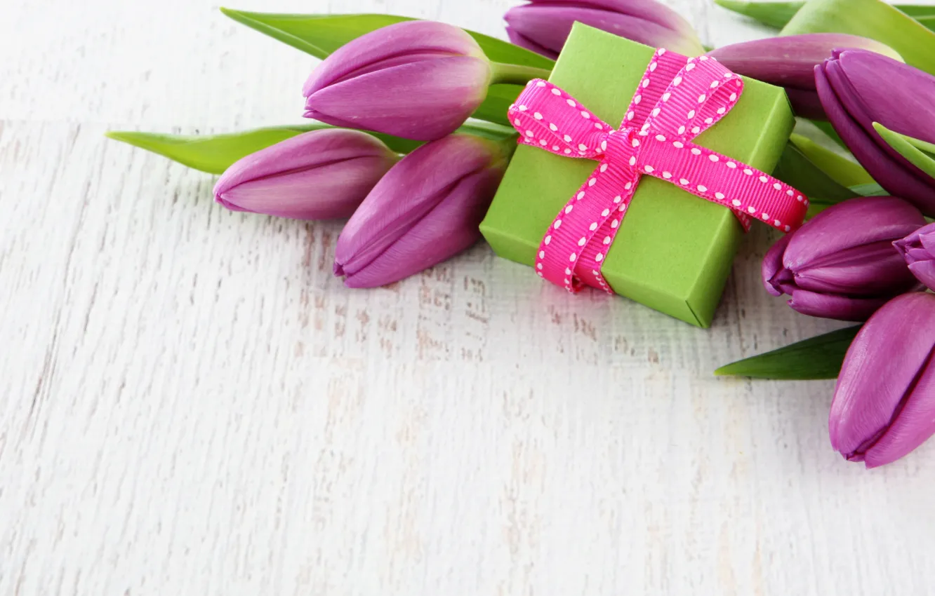 Photo wallpaper flowers, box, gift, bouquet, tape, tulips, fresh, flowers
