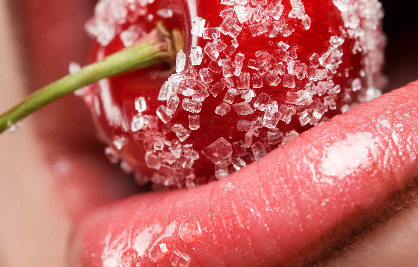 Photo wallpaper cherry, lips, sugar
