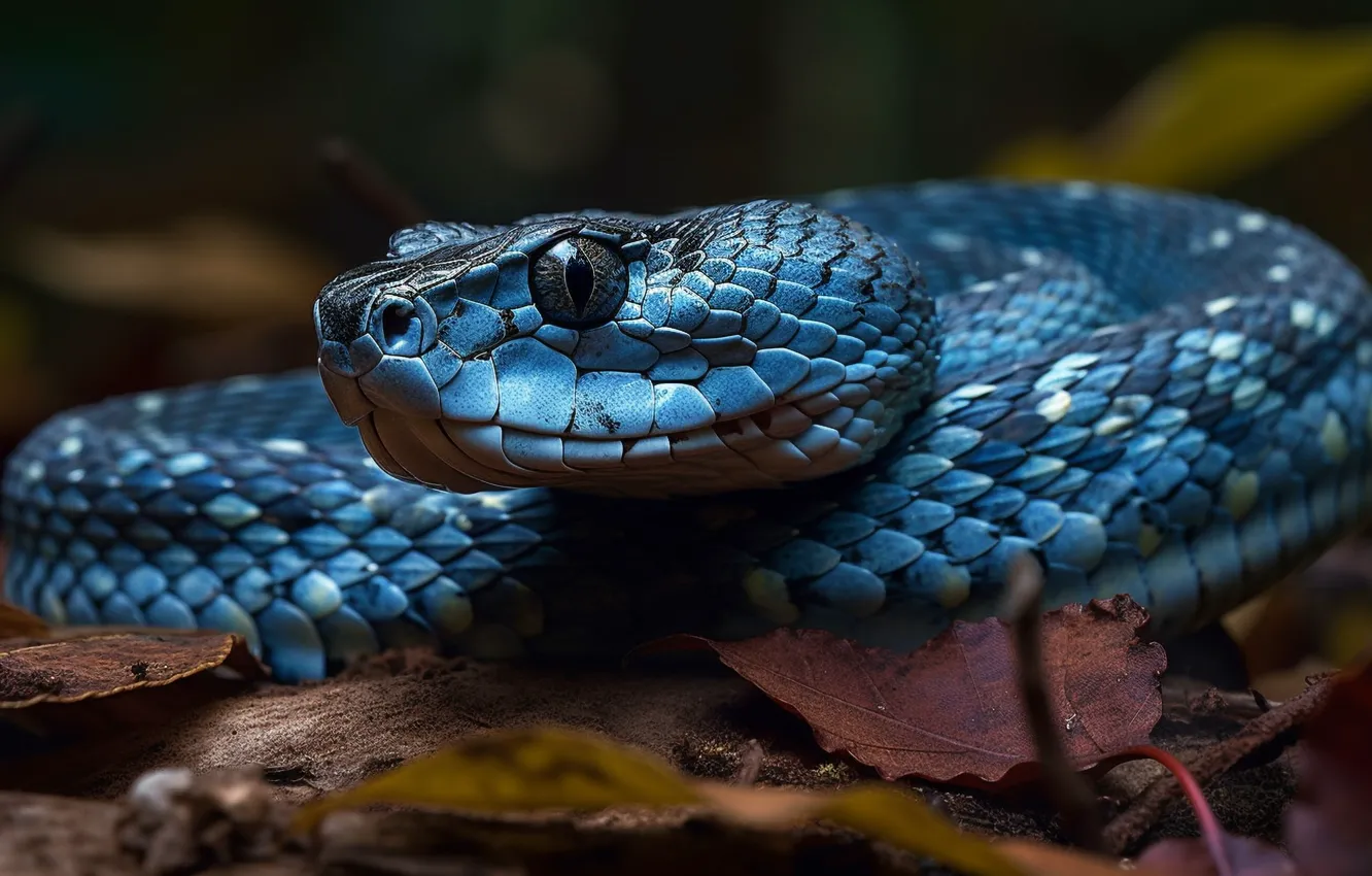 Photo wallpaper eyes, look, face, leaves, the dark background, animal, danger, snake