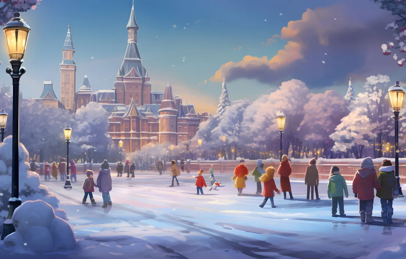 Photo wallpaper winter, people, home, the evening, lights, digital art, AI art, The Art of Artificial Intelligence