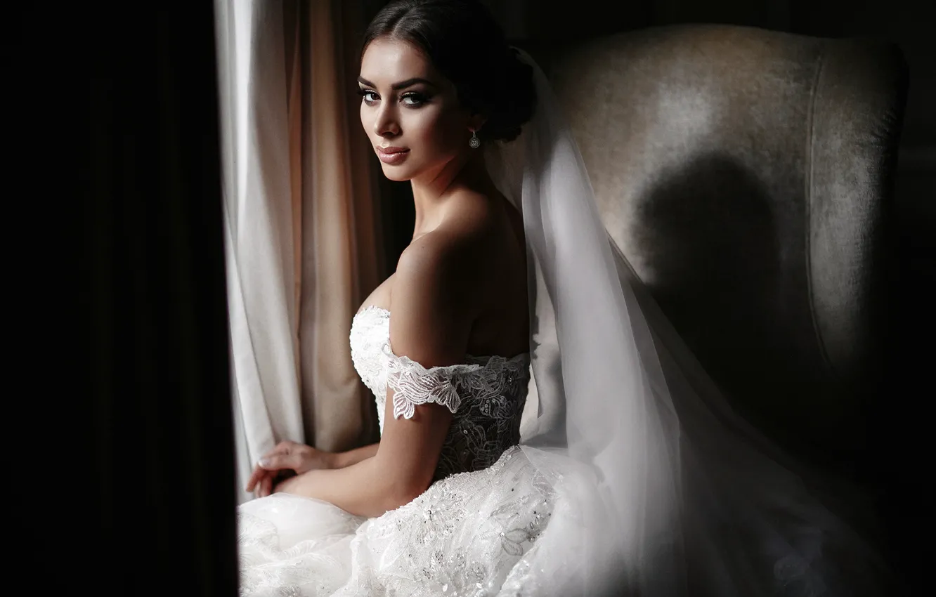 Photo wallpaper look, girl, light, face, model, makeup, dress, wedding