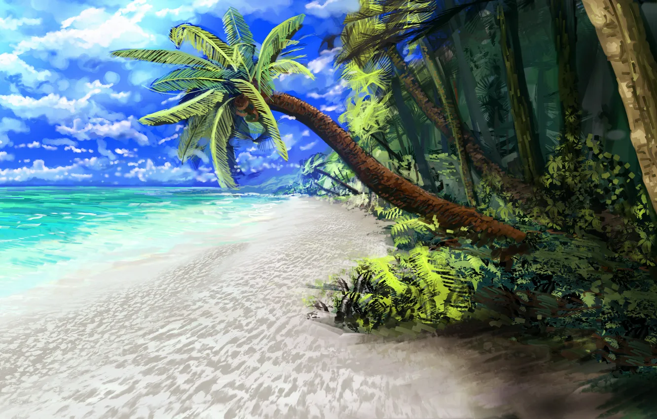 Photo wallpaper sea, beach, tropics, palm trees, the ocean, art