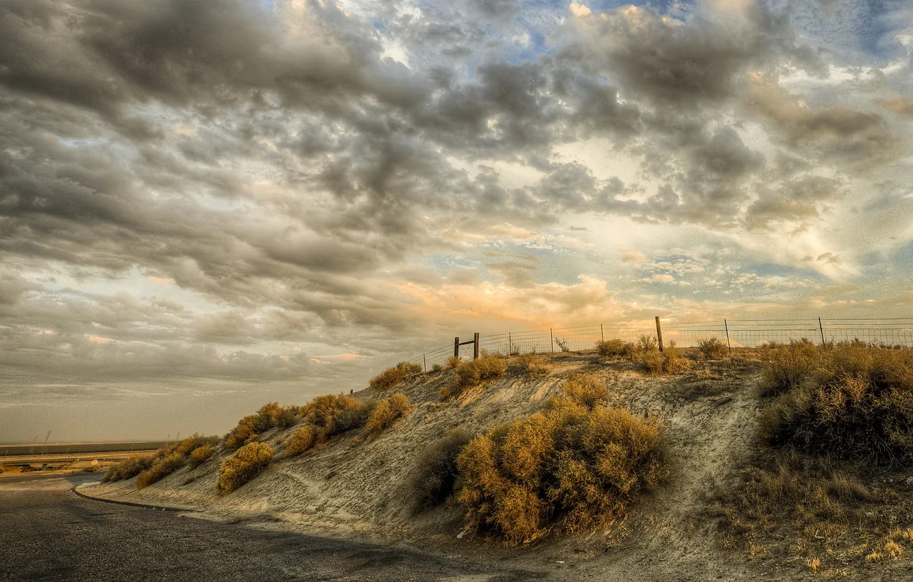Photo wallpaper road, landscape, the fence, HDR