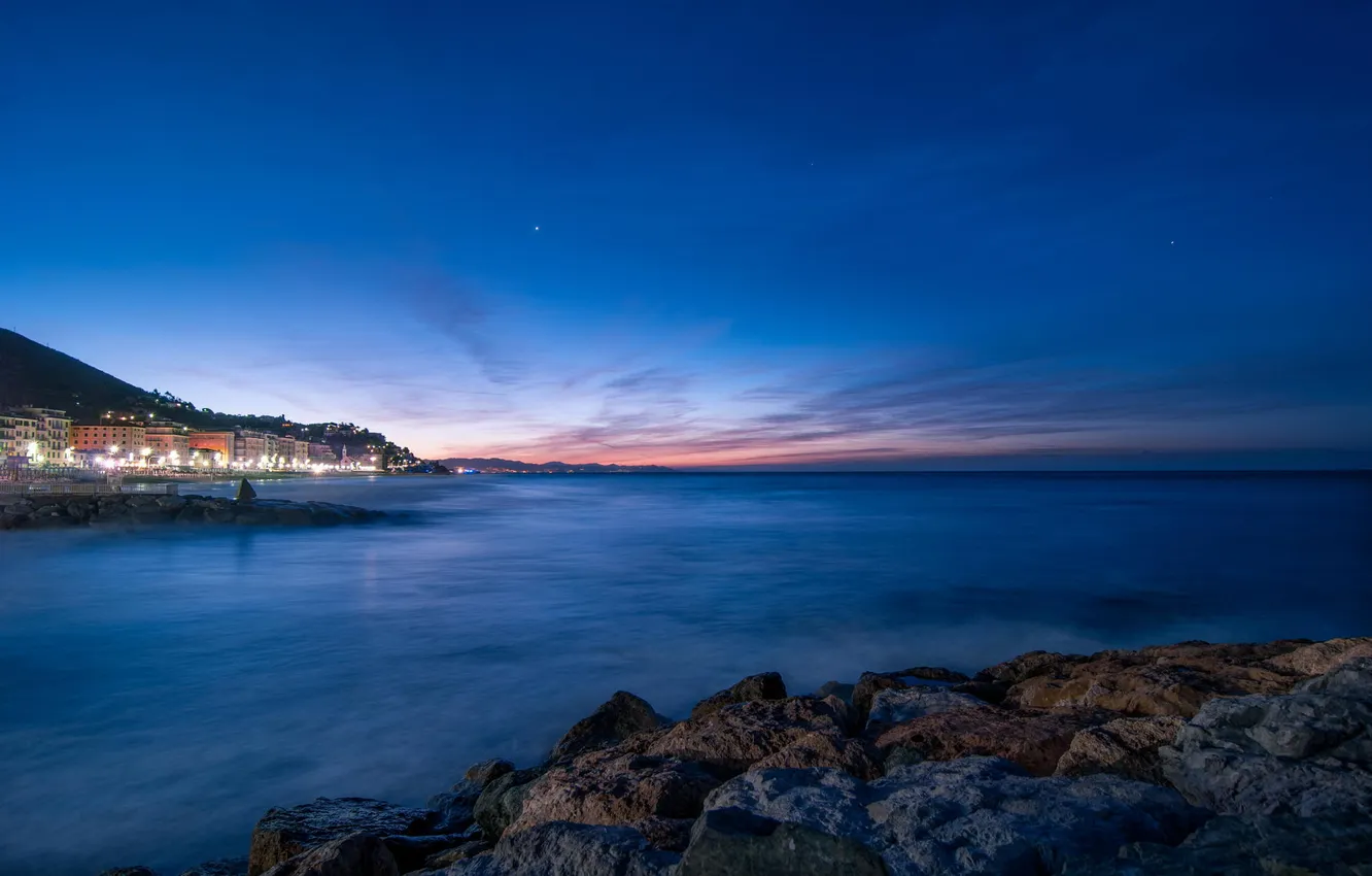 Photo wallpaper sea, sunset, the city, coast, the evening, twilight