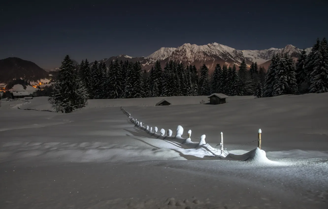 Photo wallpaper snow, mountains, night