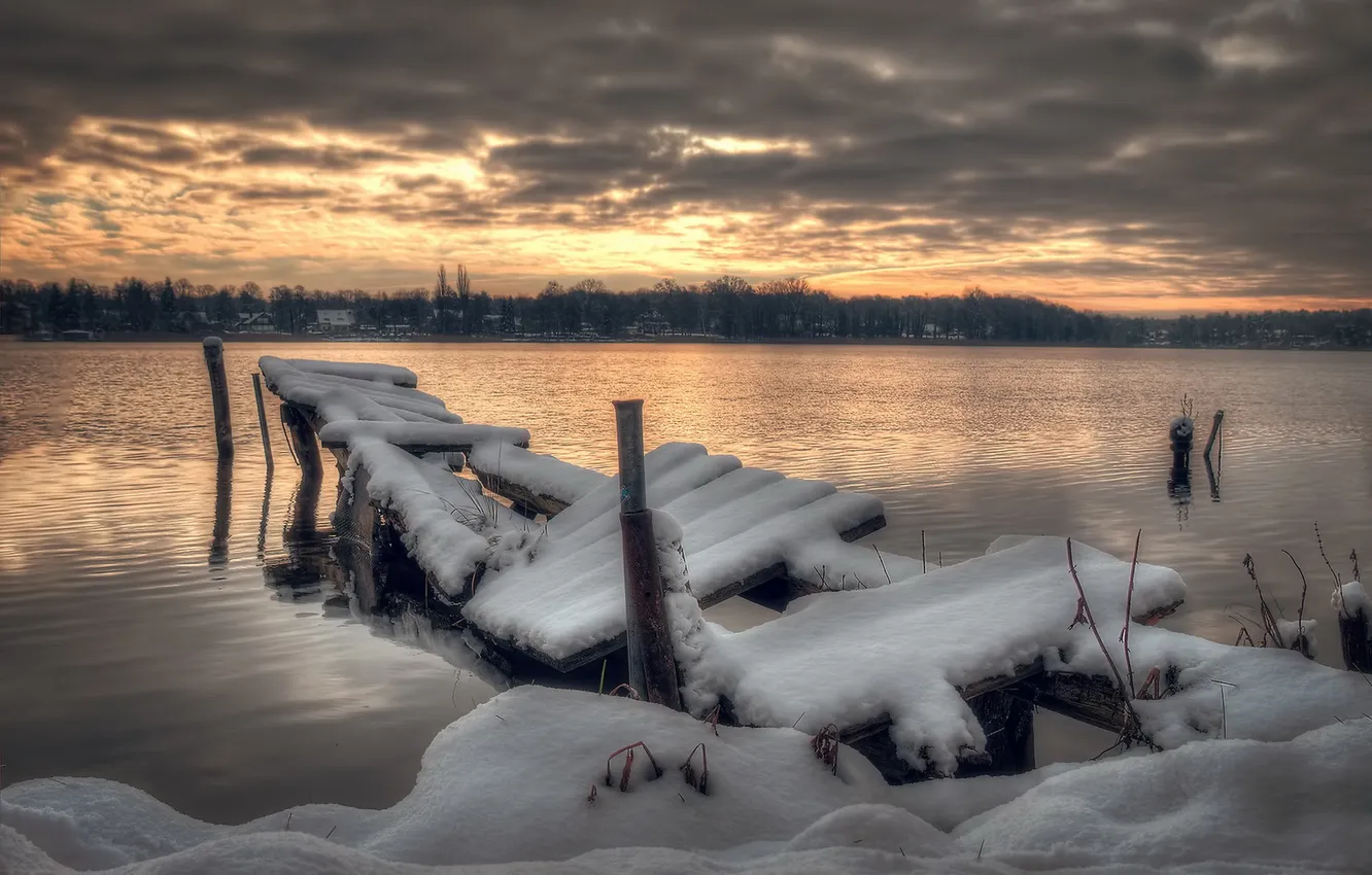 Photo wallpaper landscape, bridge, river, the evening