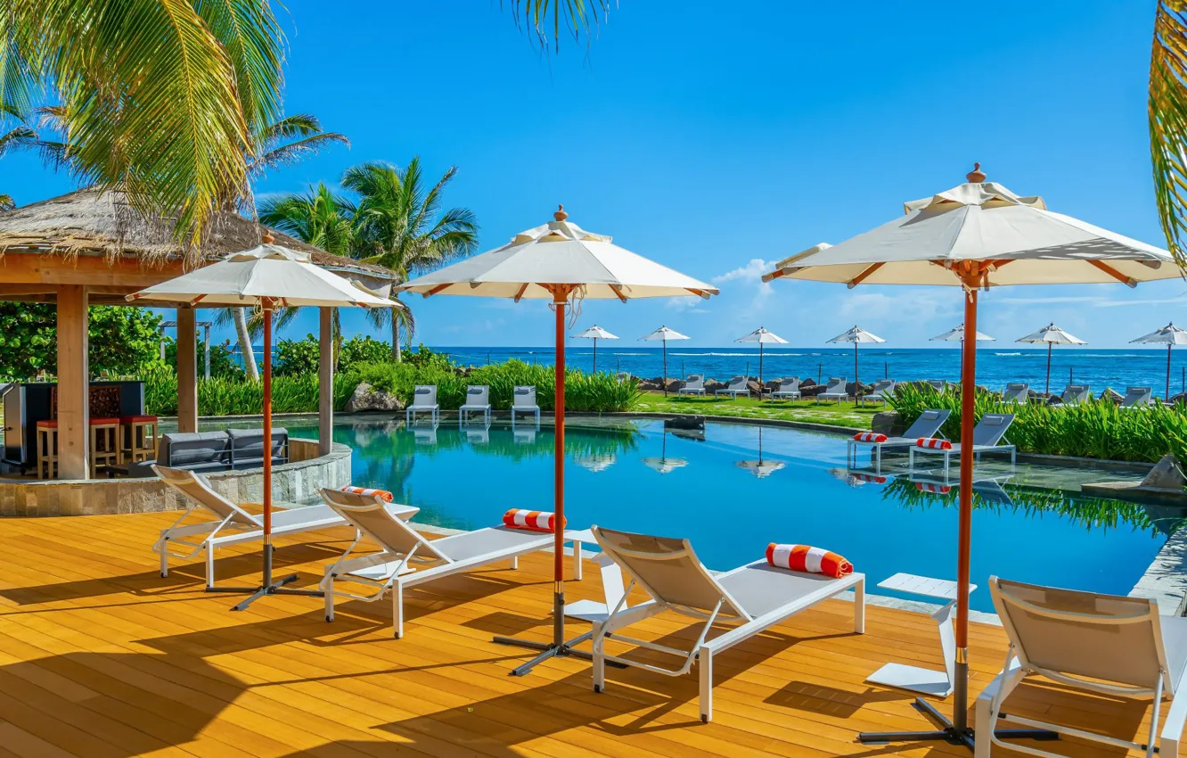 Photo wallpaper sea, stay, pool, umbrellas, sunbeds, Caribbean, Saint Kitts and Nevis, Koi Resort