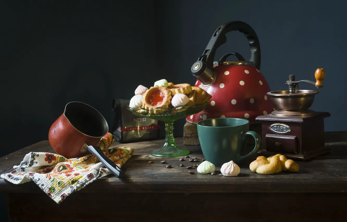 Photo wallpaper table, wall, coffee, food, kettle, cookies, Cup, still life