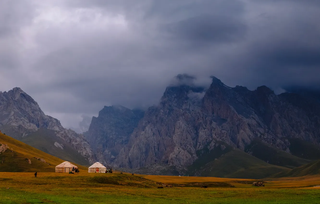 Photo wallpaper clouds, mountains, space, haze, Yurt, Elina Magalimova, Nomadic life