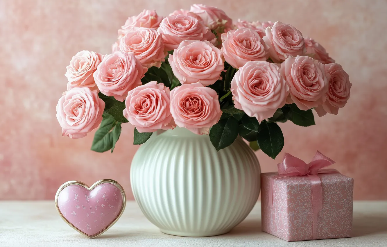 Photo wallpaper love, holiday, gift, roses, bouquet, box, vase, pink