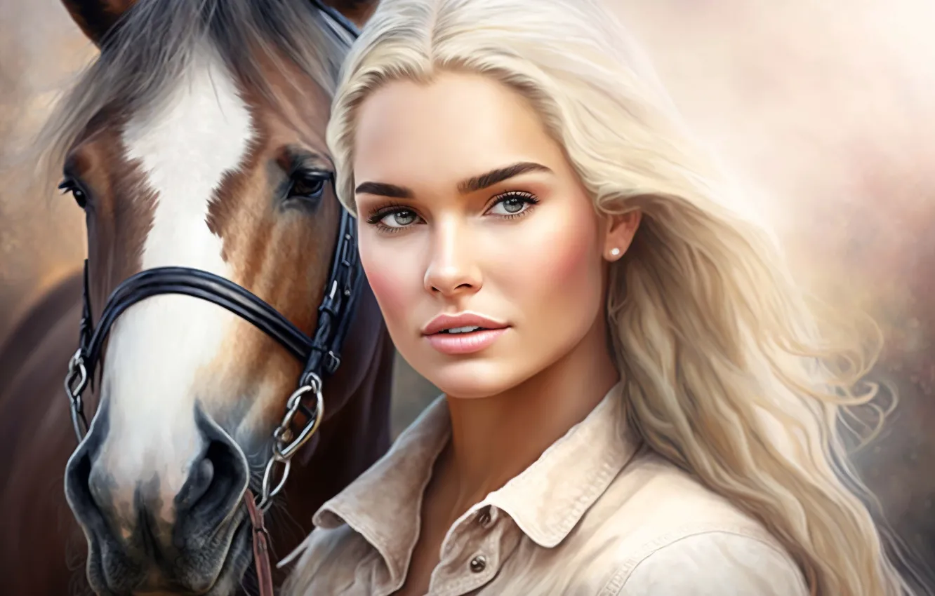 Photo wallpaper look, girl, face, horse, horse, portrait, blonde, image