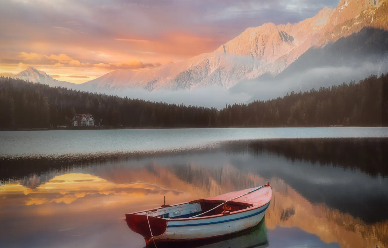 Photo wallpaper winter, forest, clouds, snow, mountains, reflection, boat, slope