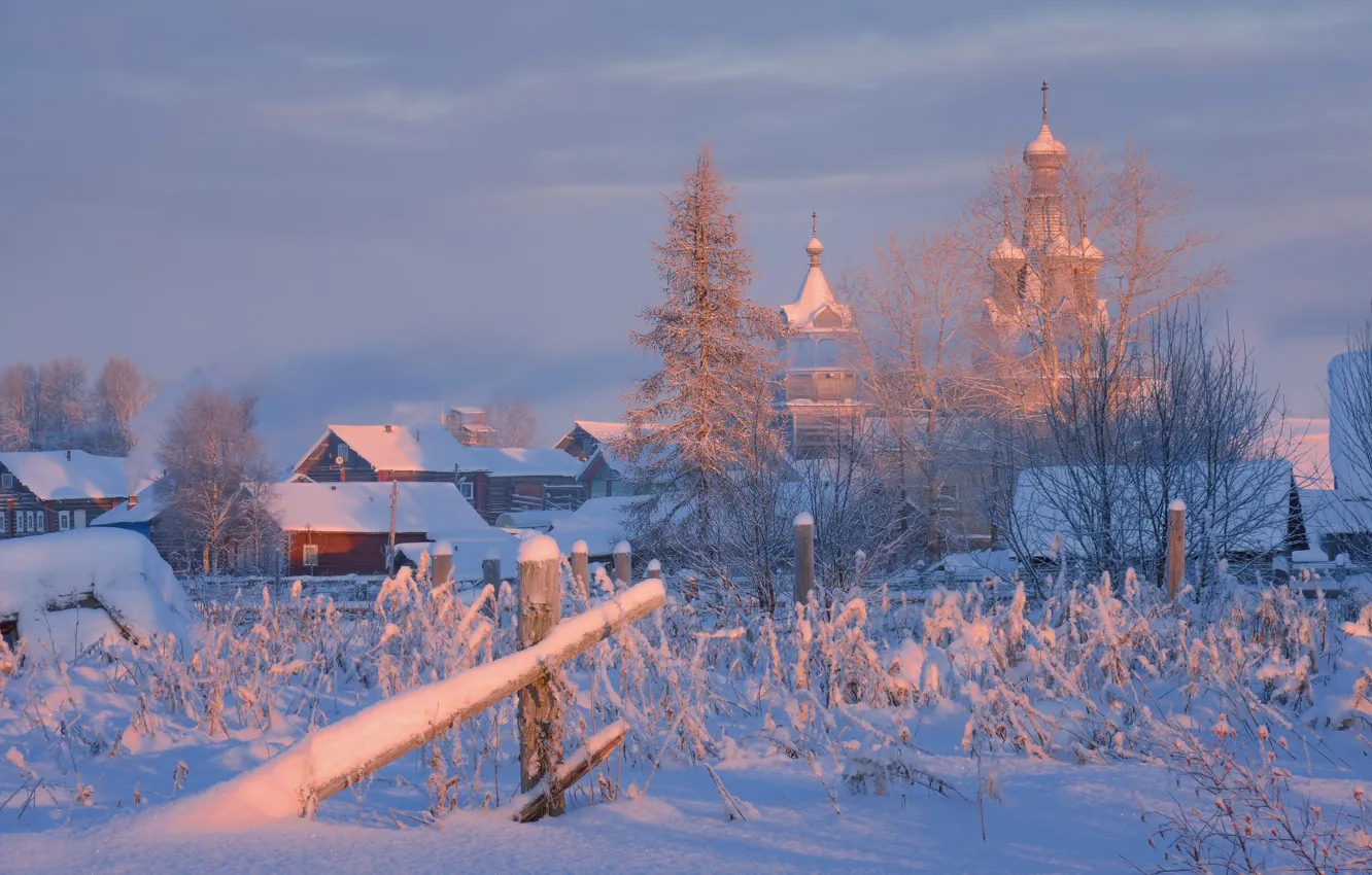 Photo wallpaper winter, snow, landscape, nature, home, morning, village, Church