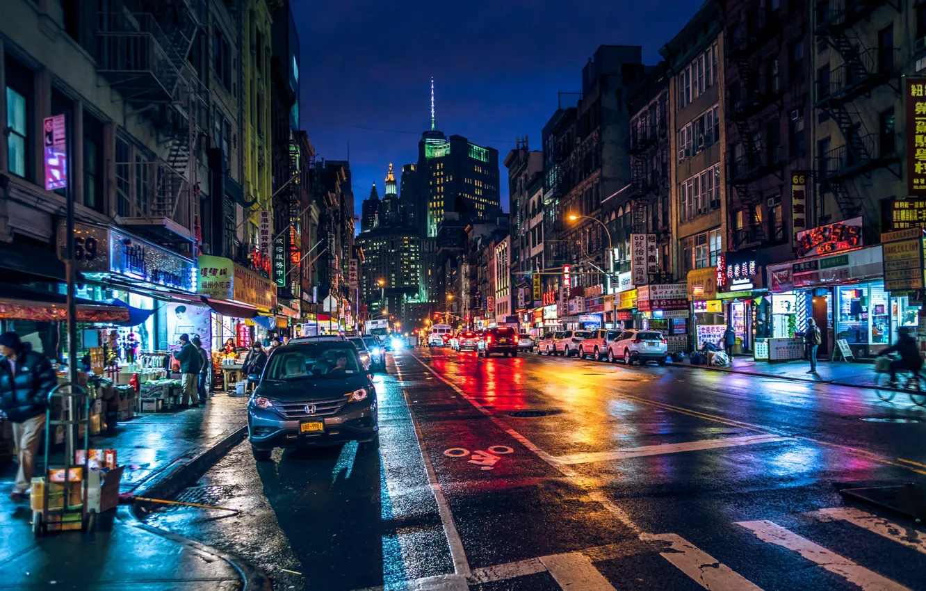 Photo wallpaper night, lights, movement, street, the building, New York, Manhattan, New-York