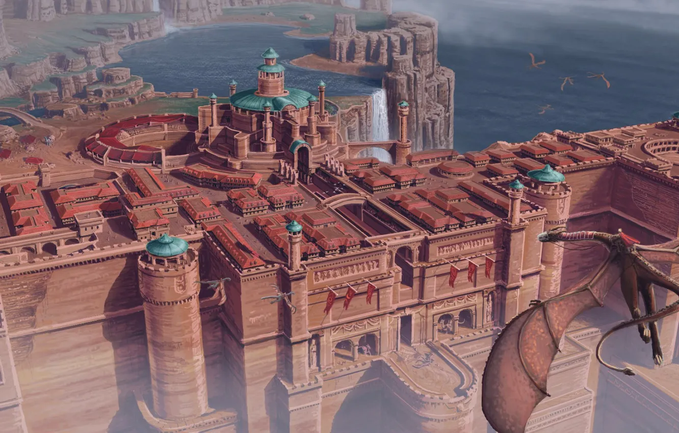 Photo wallpaper sea, shore, dragon, fortress, structure, Mountain Kingdom of Antheon