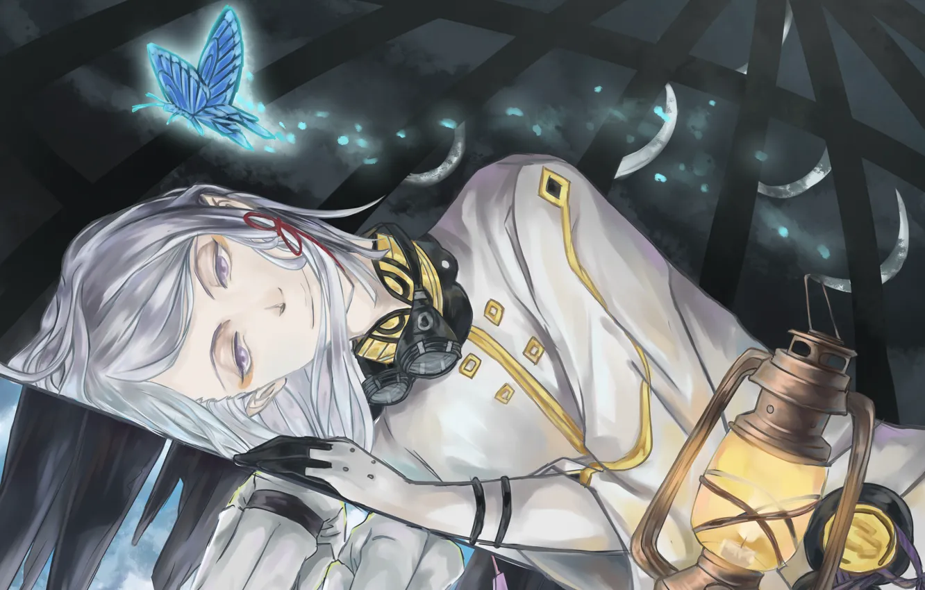 Photo wallpaper night, smile, butterfly, lantern, lies, guy, Last Exile, Exile