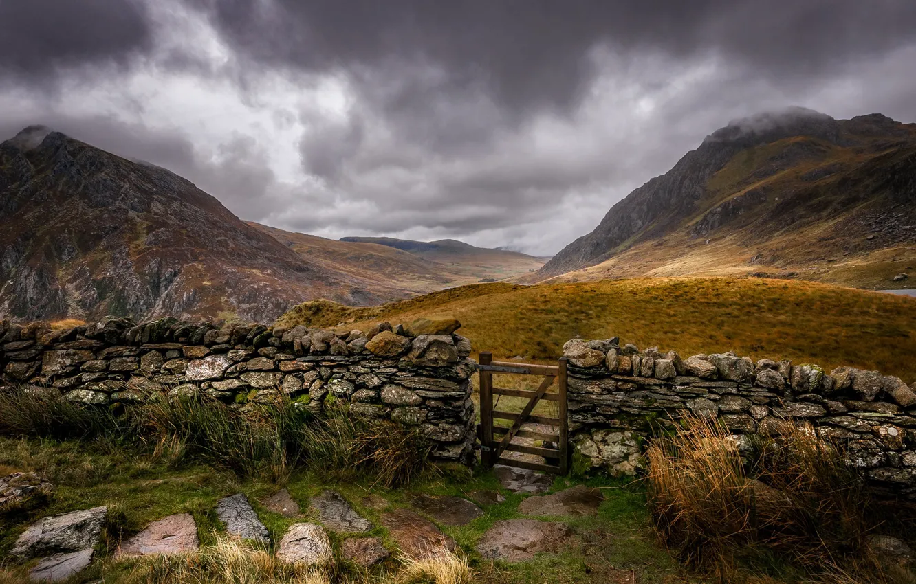 Photo wallpaper mountains, the fence, wicket, Wales, Snowdonia