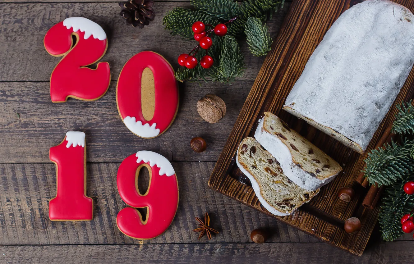 Photo wallpaper decoration, New Year, Christmas, happy, Christmas, cake, wood, New Year