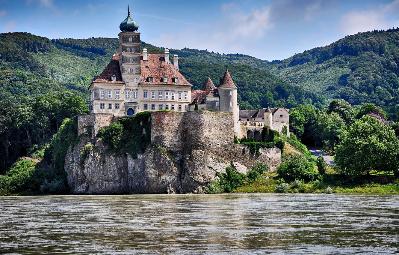 Photo wallpaper landscape, mountains, river, castle, Austria, rock, fortress, The Danube