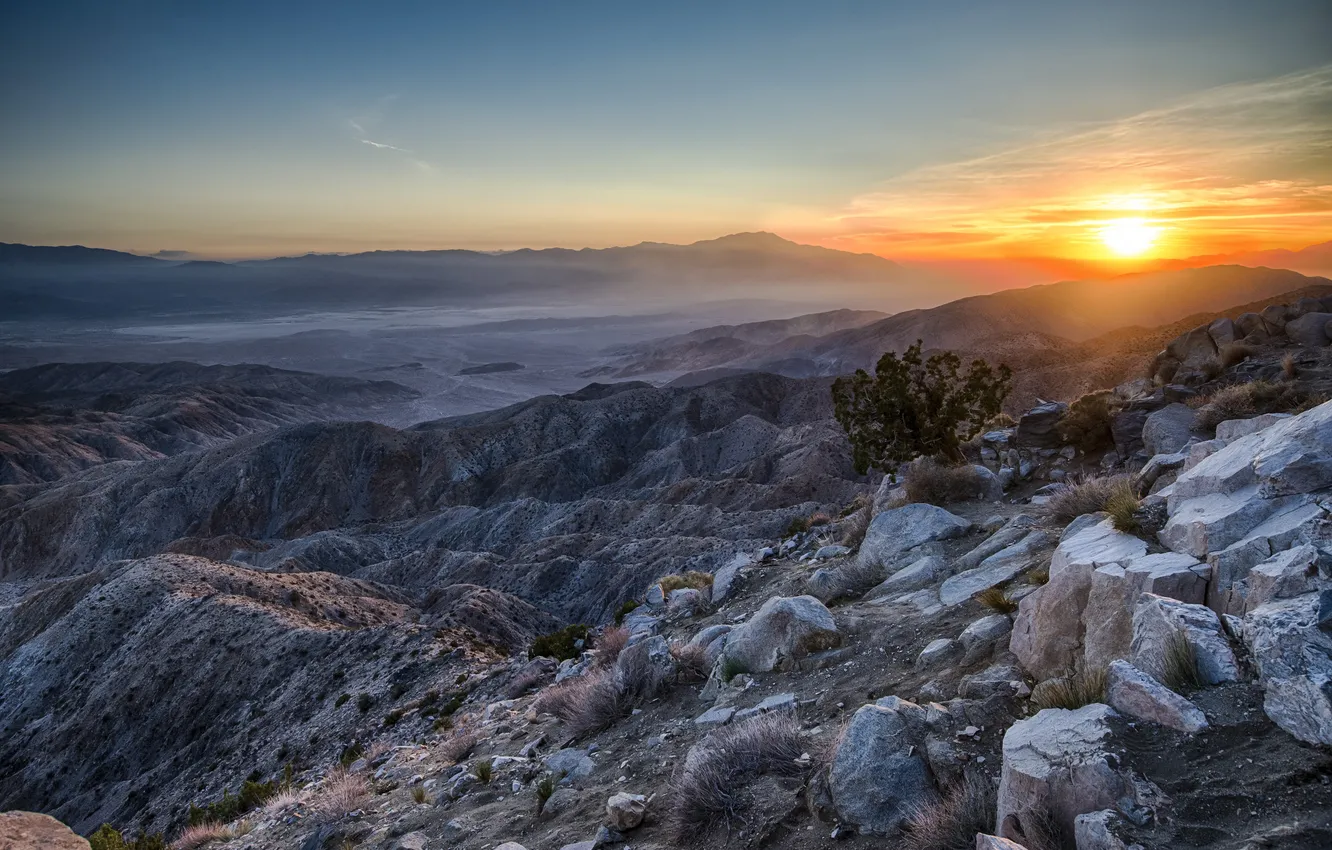 Photo wallpaper mountains, stones, dawn, desert, California, Riverside County